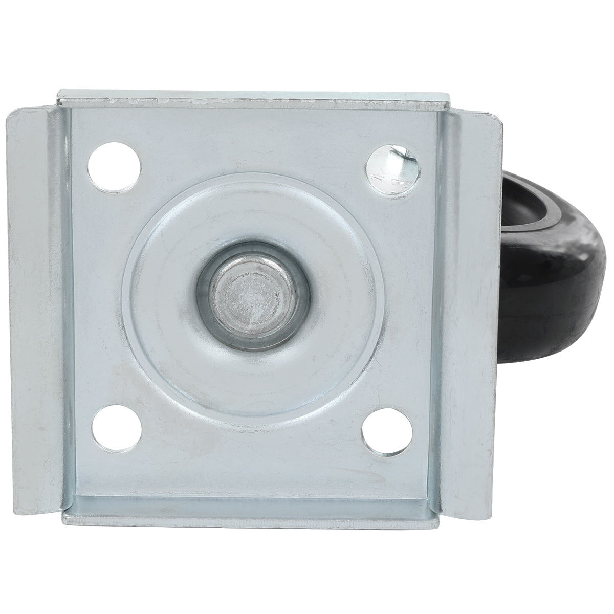 Close-up of an Empura Refrigeration caster without brake shows a metal mounting plate with a central circular bearing and four screw holes. A black wheel is partially visible on the right, attached to the bracket. Background is white.
