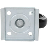 Close-up of an Empura Refrigeration caster without brake shows a metal mounting plate with a central circular bearing and four screw holes. A black wheel is partially visible on the right, attached to the bracket. Background is white.