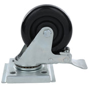 A close-up of an Empura Parts swivel caster with brake, featuring a black rubber tire, metal mounting plate, and ball bearings at the rotation point—ideal for mobility and secure locking on carts or Empura Refrigeration equipment.