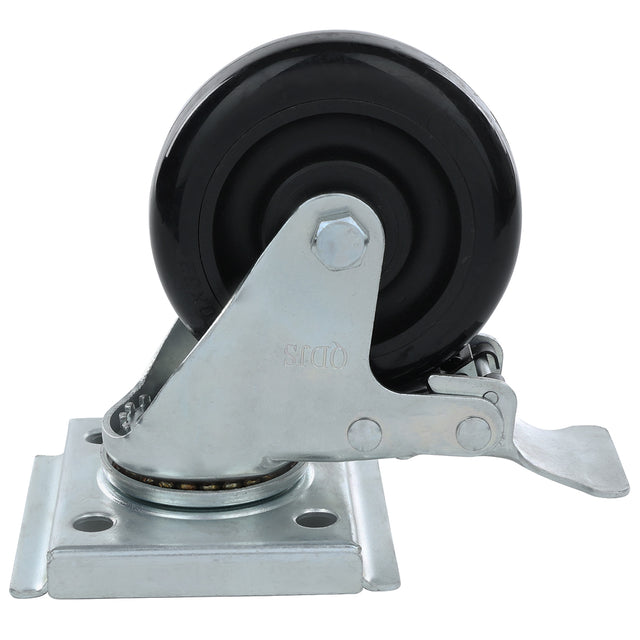 A close-up of an Empura Parts swivel caster with brake, featuring a black rubber tire, metal mounting plate, and ball bearings at the rotation point—ideal for mobility and secure locking on carts or Empura Refrigeration equipment.
