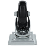 A metal swivel caster with a glossy black wheel is shown from the front. The base plate, from Empura Parts, features four mounting holes and a central bearing. The silver arms hold the wheel securely—this is a caster with brake for Empura Refrigeration units.