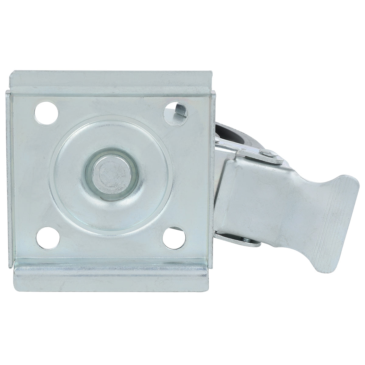 Close-up of a metal swivel plate with four mounting holes and a central circular section. Attached is a locking lever, ideal for use as a caster with brake on Empura Refrigeration units or other equipment. The shiny metal surfaces appear industrial.