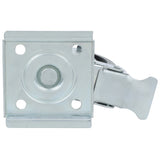 Close-up of a metal swivel plate with four mounting holes and a central circular section. Attached is a locking lever, ideal for use as a caster with brake on Empura Refrigeration units or other equipment. The shiny metal surfaces appear industrial.