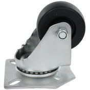 A close-up view of a single Empura Parts swivel caster without brake, featuring a black rubber wheel and metal mounting plate with ball bearings. The plate has four holes for screws, allowing attachment to Empura Refrigeration units or equipment.