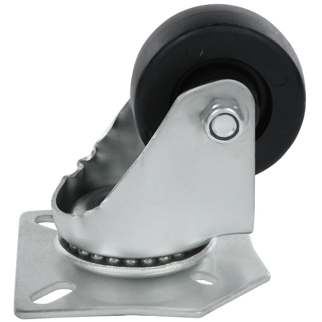 A close-up view of a single Empura Parts swivel caster without brake, featuring a black rubber wheel and metal mounting plate with ball bearings. The plate has four holes for screws, allowing attachment to Empura Refrigeration units or equipment.