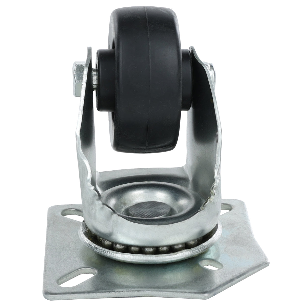 A close-up of a single swivel caster without brake, with a black rubber tire mounted on a silver metal bracket and base plate, featuring four holes for mounting screws. The wheel allows for smooth movement and rotation, ideal for Empura Refrigeration units.