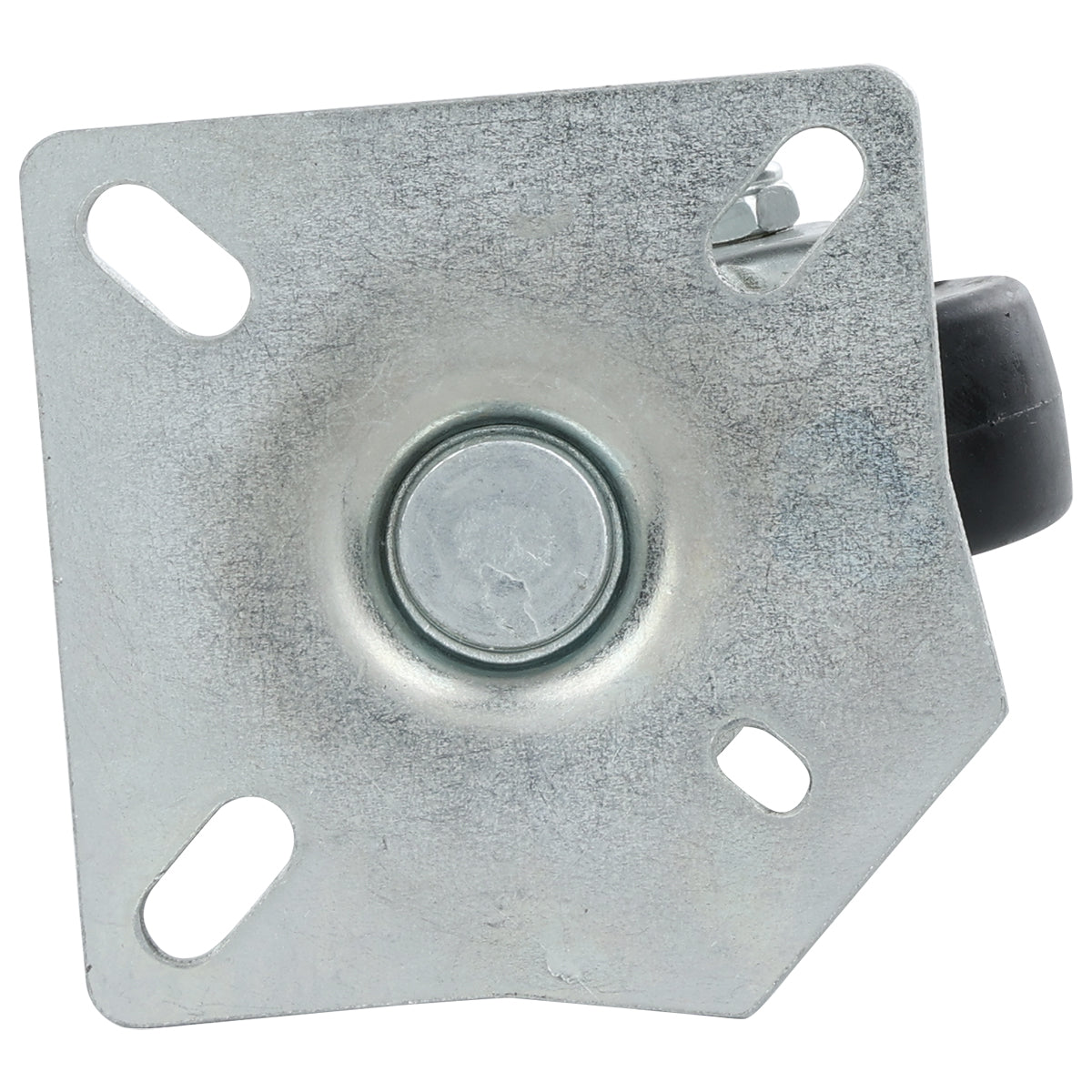 Close-up of an Empura Refrigeration metal swivel caster mounting plate with three elongated screw holes, a central circular hub, and a partially visible black plastic or rubber wheel attached to the right edge. Caster without brake; plate has an irregular, angular shape.