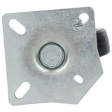 Close-up of an Empura Refrigeration metal swivel caster mounting plate with three elongated screw holes, a central circular hub, and a partially visible black plastic or rubber wheel attached to the right edge. Caster without brake; plate has an irregular, angular shape.