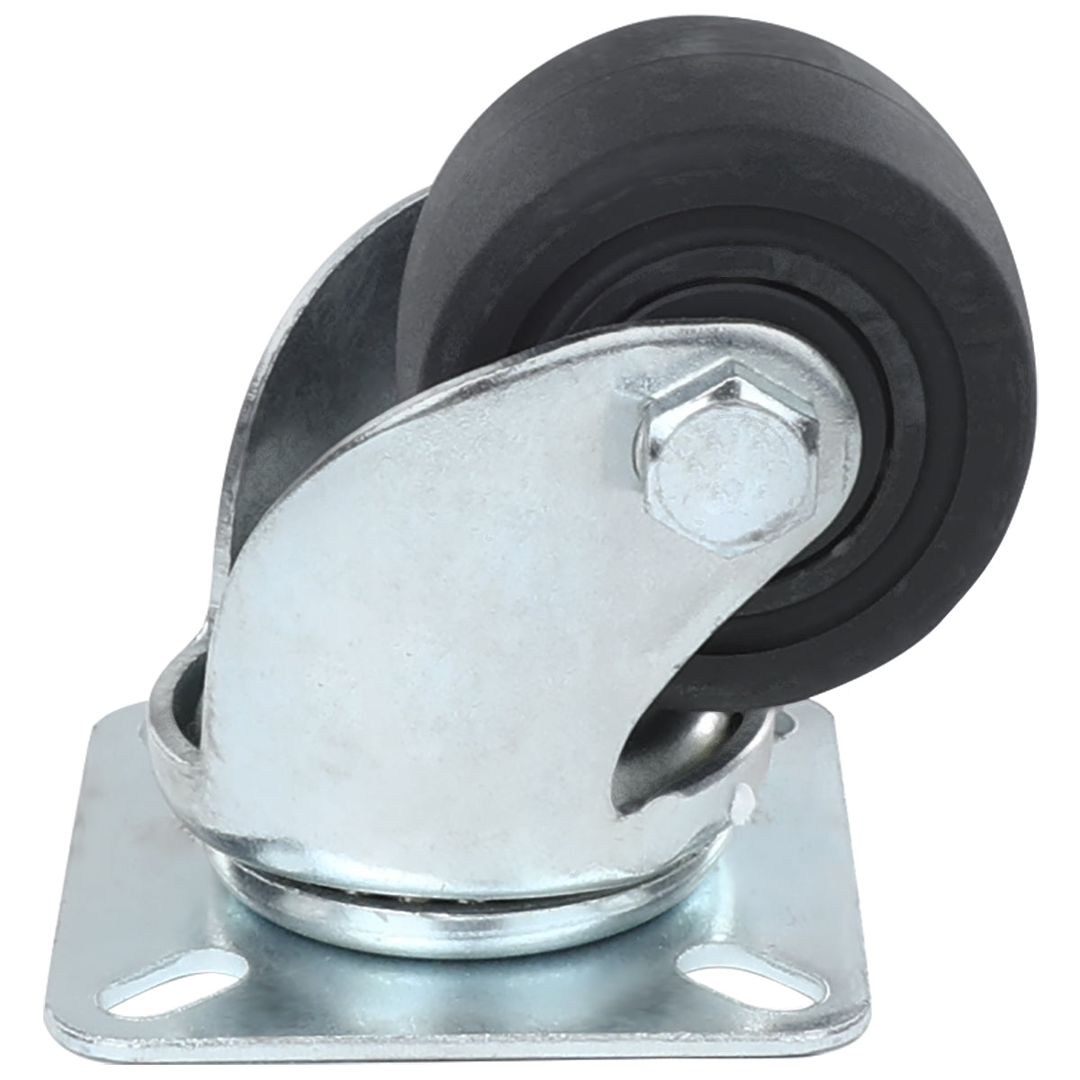 A close-up of an Empura Parts black swivel caster without brake, featuring a metal mounting plate and bracket. The wheel, suitable for Empura Refrigeration units, sits in a shiny silver frame with a square base and four screw holes.