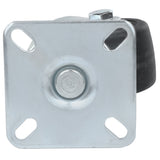 Close-up view of an Empura Refrigeration metal caster bracket, featuring a circular center and four rounded rectangular mounting holes. A black wheel is partially visible behind the plate, typical of an Empura Parts caster without brake design.