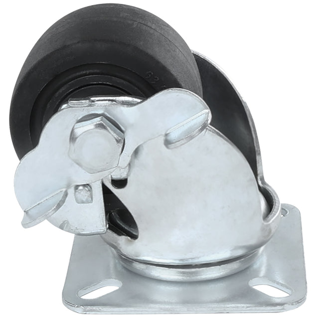 A close-up of an Empura Parts swivel caster with brake, featuring a black rubber tire. The wheel mounts to a shiny plate with four screw holes and includes a convenient side-mounted brake lever for locking the caster in place.