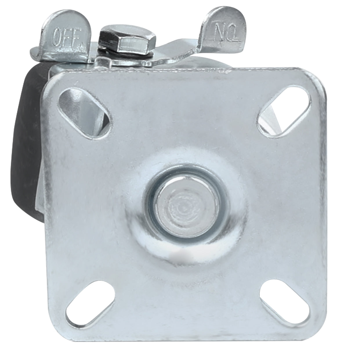 A close-up view of a metal toggle switch mounted on a square metal plate, similar to those found in Empura Refrigeration units. The plate has raised “OFF” and “ON” labels, and the switch is centered in the OFF position.