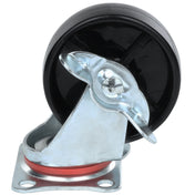 A close-up of a Caster with Brake featuring a black rubber wheel, shiny metal bracket, and a red ring near the base—ideal for securing furniture or Empura Refrigeration equipment with sturdy Empura Parts.