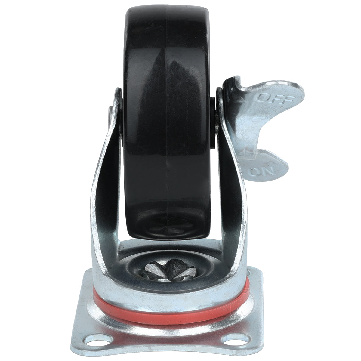 A close-up of a black Caster with Brake mounted on a rectangular metal plate with four screw holes. The caster, ideal for Empura Refrigeration or Empura Parts, features a silver brake lever labeled ON/OFF and a red ring at the wheel housing.