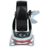 A close-up of a black Caster with Brake mounted on a rectangular metal plate with four screw holes. The caster, ideal for Empura Refrigeration or Empura Parts, features a silver brake lever labeled ON/OFF and a red ring at the wheel housing.