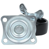 A close-up of a metal caster with brake, featuring a black rubber wheel. The lever on top is labeled ON and OFF for locking. This Empura Parts bracket has four mounting holes, with the wheel partially visible behind it.