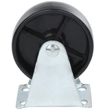 A metal caster without brake bracket holds a solid black plastic wheel upright. The wheel has three radial spokes. The silver Empura Parts bracket is triangular with four mounting holes for screws. The background is plain white.