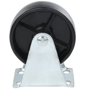 A metal caster without brake bracket holds a solid black plastic wheel upright. The wheel has three radial spokes. The silver Empura Parts bracket is triangular with four mounting holes for screws. The background is plain white.