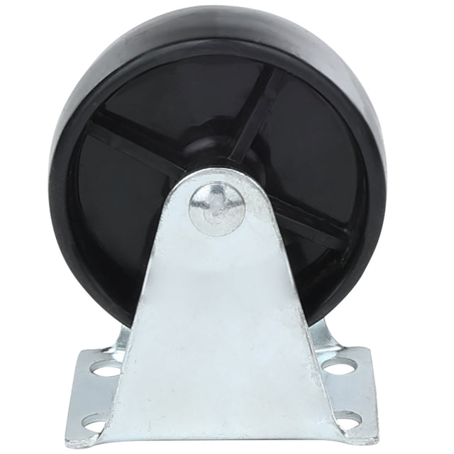 A metal caster without brake bracket holds a solid black plastic wheel upright. The wheel has three radial spokes. The silver Empura Parts bracket is triangular with four mounting holes for screws. The background is plain white.