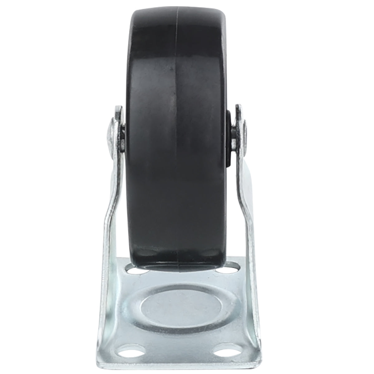 A close-up view of a single black caster without brake mounted on a silver metal bracket with four screw holes, photographed from the front against a plain white background. The wheel is thick and solid, ideal for Empura Refrigeration equipment mobility.
