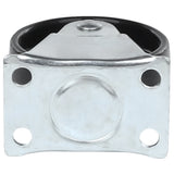 Close-up of an Empura Refrigeration metal bracket with four mounting holes at the corners and a central, circular raised section. A black rubber or plastic ring is partially visible behind it. The smooth, shiny surface is part of a caster without brake.