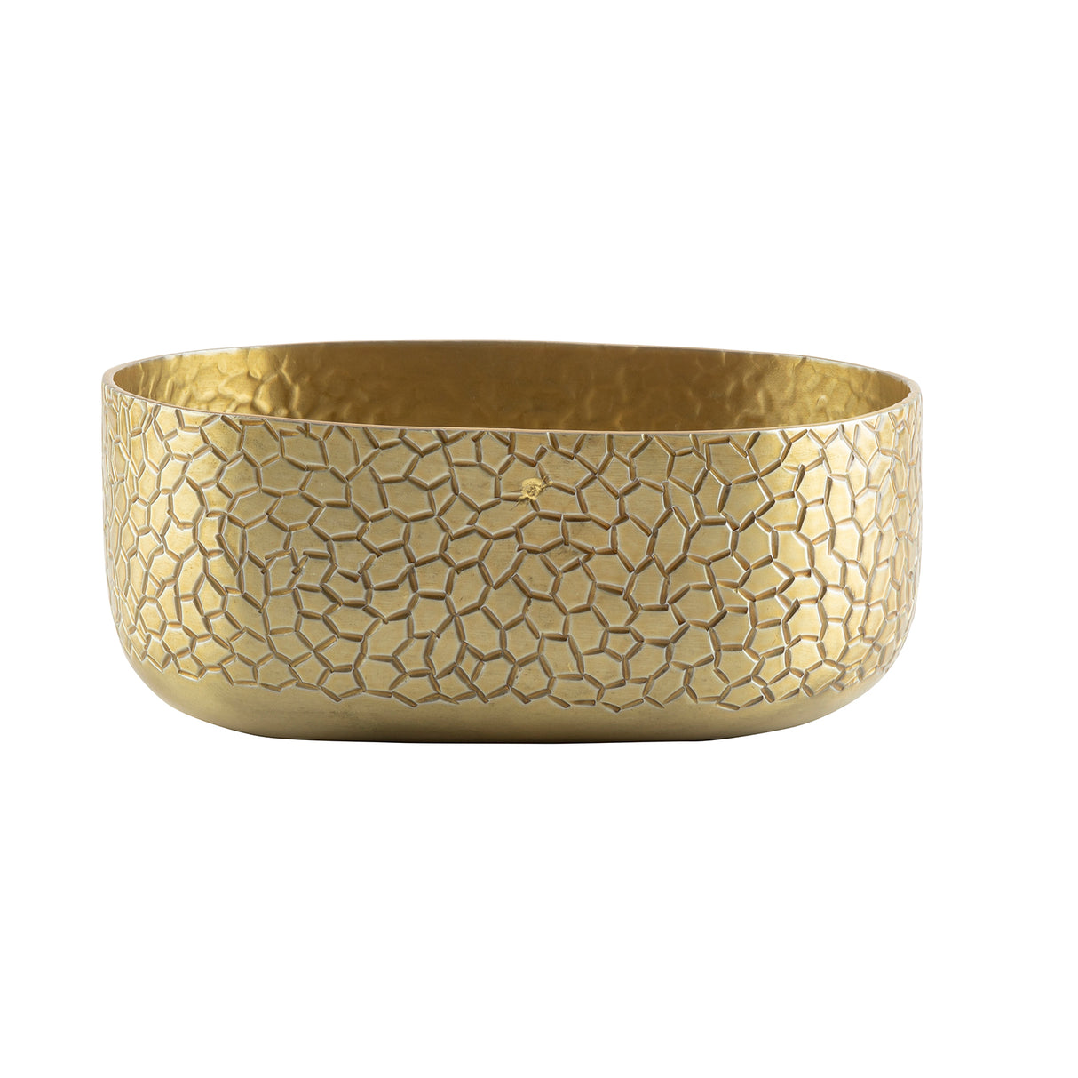 A TableCraft bowl with a gold powder coat finish, this aluminum oval bowl features a shiny, mosaic-like pattern of interlocking geometric shapes on its textured exterior. The background is plain white.