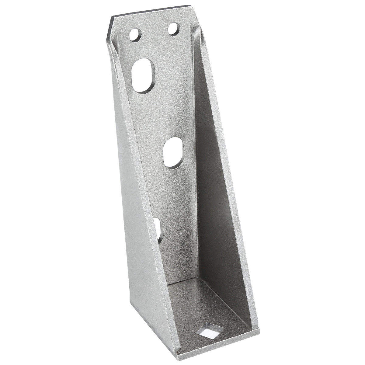 A metallic, L-shaped door hinge bracket with a wide base, vertical support, and angled edges. The vertical face features multiple holes for mounting or securing, making it suitable as an Empura Parts component for Empura refrigeration units. Textured silver-gray finish.
