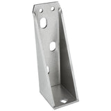 A metallic, L-shaped door hinge bracket with a wide base, vertical support, and angled edges. The vertical face features multiple holes for mounting or securing, making it suitable as an Empura Parts component for Empura refrigeration units. Textured silver-gray finish.