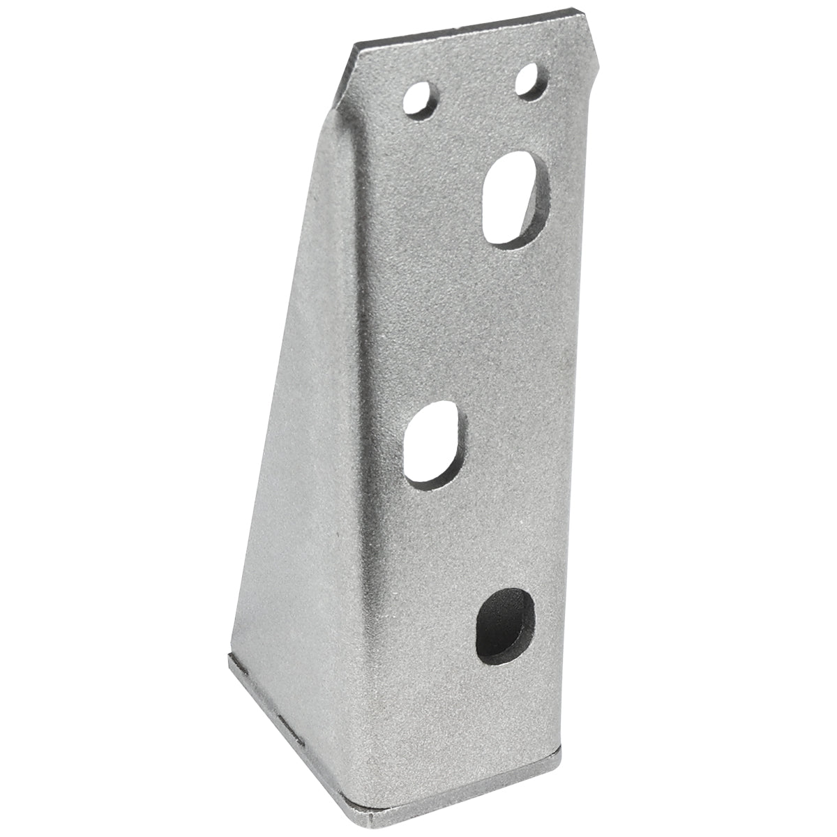 A gray metal door hinge bracket with a triangular cross-section, three oval holes on its angled face, and two round holes near the top edge. This Empura Parts piece features a slightly textured surface and stands upright on a flat base.