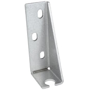 A silver metal L-bracket, often used as a door hinge bracket for Empura Refrigeration, features three oval holes on the vertical side and a U-shaped notch on the bottom horizontal side. The bracket has a slightly textured finish.
