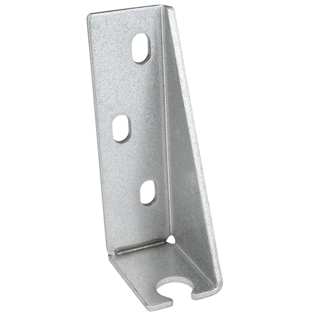 A silver metal L-bracket, often used as a door hinge bracket for Empura Refrigeration, features three oval holes on the vertical side and a U-shaped notch on the bottom horizontal side. The bracket has a slightly textured finish.