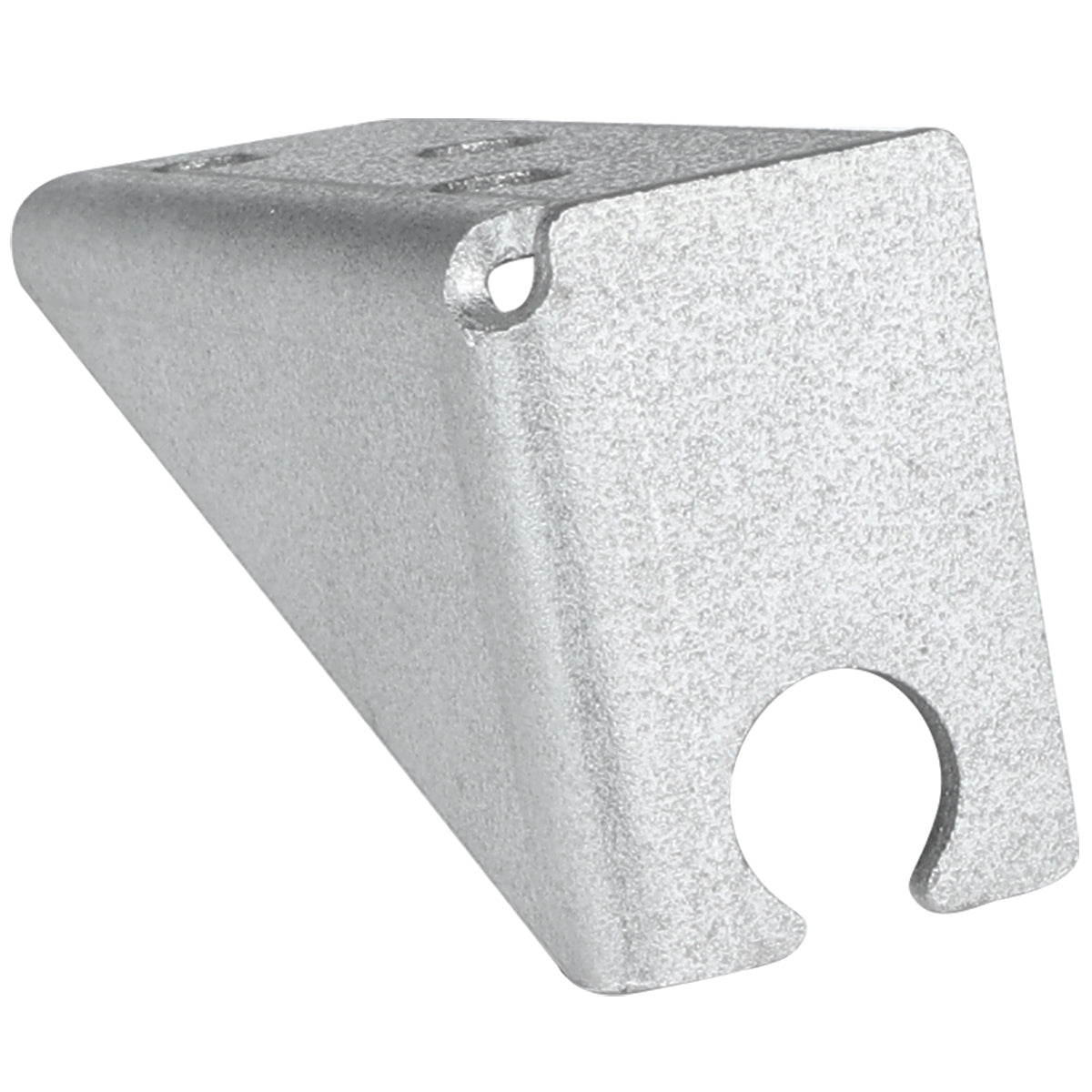 A metallic, wedge-shaped Door Hinge Bracket with a rectangular front face featuring a semicircular cutout at the bottom edge and a small round hole near the top. Compatible with Empura Refrigeration units, it has a matte textured surface and two screw holes on the angled top side.