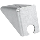 A metallic, wedge-shaped Door Hinge Bracket with a rectangular front face featuring a semicircular cutout at the bottom edge and a small round hole near the top. Compatible with Empura Refrigeration units, it has a matte textured surface and two screw holes on the angled top side.