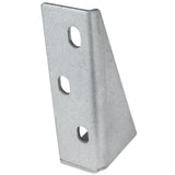 A metal angle bracket with a triangular shape, featuring three oval holes for mounting. The smooth, metallic E-KB54FG is designed to reinforce or connect parts at a right angle, making it ideal for Empura Refrigeration and door hinge bracket needs.