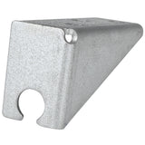 A silver, triangular metal door hinge bracket with a textured surface. One end features a large circular hole partially open at the edge, while the other is closed and tapers to a point. Two smaller holes sit on its angled top surface.