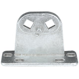 A textured silver metal Door Hinge Bracket by Empura Refrigeration, model 107070055, features a flat rectangular base with four corner holes, a vertical plate with two diamond-shaped cutouts, and a small peg beneath the cutouts.