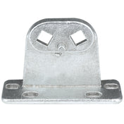 A textured silver metal Door Hinge Bracket by Empura Refrigeration, model 107070055, features a flat rectangular base with four corner holes, a vertical plate with two diamond-shaped cutouts, and a small peg beneath the cutouts.
