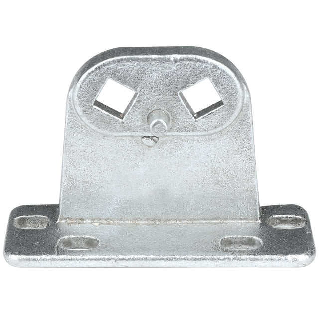 A textured silver metal Door Hinge Bracket by Empura Refrigeration, model 107070055, features a flat rectangular base with four corner holes, a vertical plate with two diamond-shaped cutouts, and a small peg beneath the cutouts.