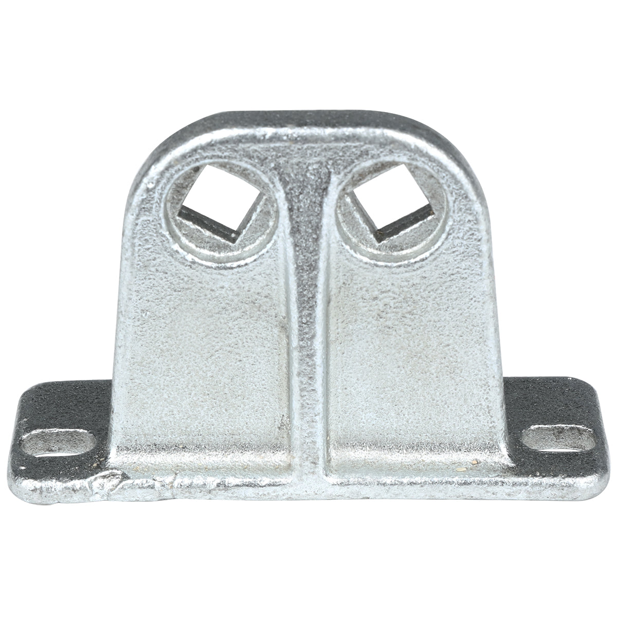 A metal Door Hinge Bracket for Empura Refrigeration, featuring a flat rectangular base with mounting holes at each corner and two upright, parallel supports. Each support has a square hole near the top. Surface is metallic and slightly textured. 107070055.
