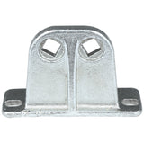 A metal Door Hinge Bracket for Empura Refrigeration, featuring a flat rectangular base with mounting holes at each corner and two upright, parallel supports. Each support has a square hole near the top. Surface is metallic and slightly textured. 107070055.