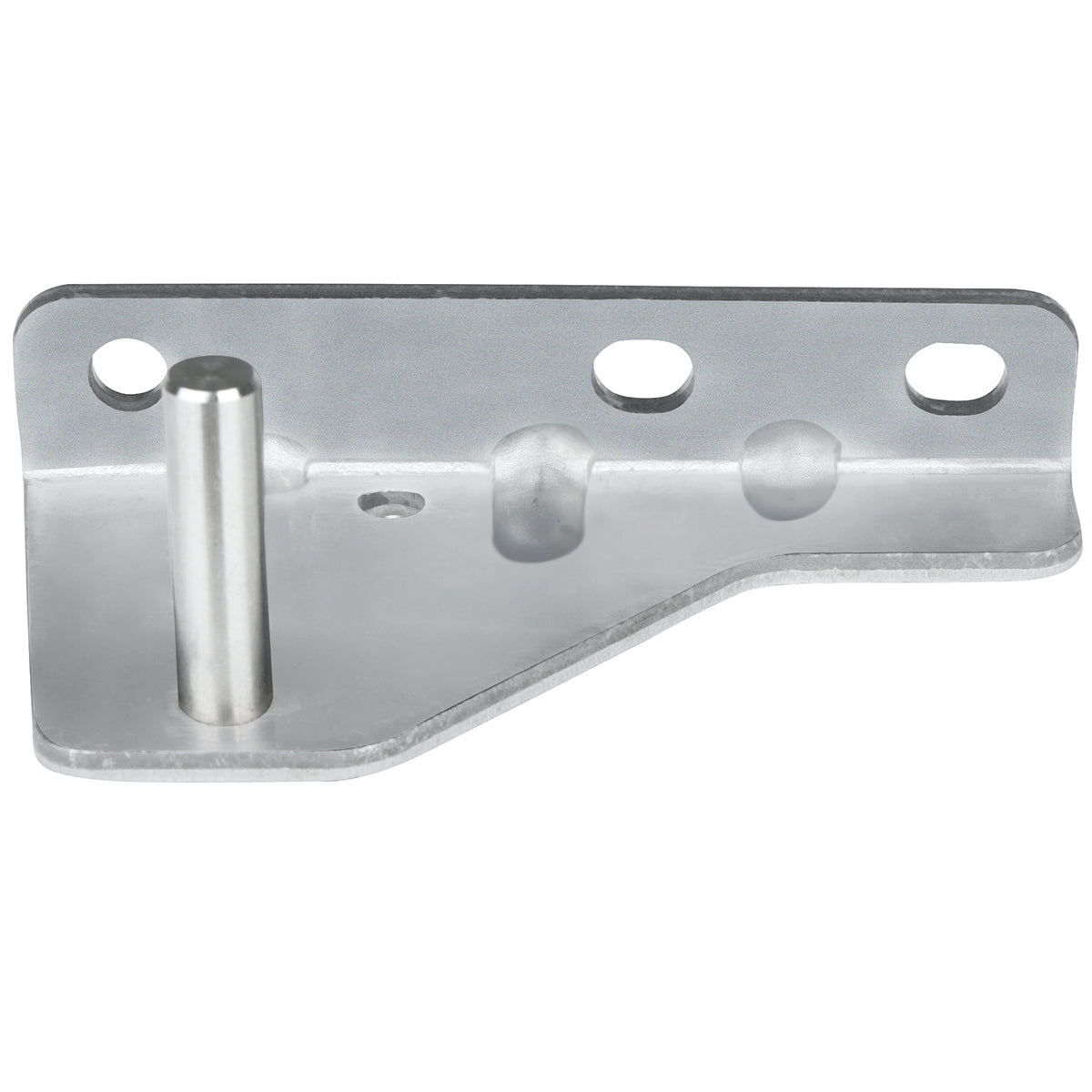 A flat, silver metal Empura Door Hinge Bracket with three circular holes along one edge and a cylindrical peg protruding vertically. The bracket features angled edges and a notch, designed for mounting or mechanical assembly in Empura Refrigeration units.