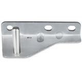 A flat, silver metal Empura Door Hinge Bracket with three circular holes along one edge and a cylindrical peg protruding vertically. The bracket features angled edges and a notch, designed for mounting or mechanical assembly in Empura Refrigeration units.