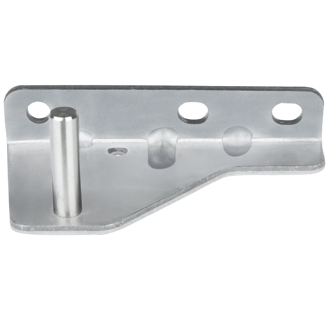 A flat, silver metal Empura Door Hinge Bracket with three circular holes along one edge and a cylindrical peg protruding vertically. The bracket features angled edges and a notch, designed for mounting or mechanical assembly in Empura Refrigeration units.