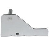 A metal Empura Door Hinge Bracket with a rectangular shape and angled top edge, featuring a cylindrical pin protruding from the upper left side and a round hole near the bottom center. The surface is smooth and appears unfinished or lightly polished.