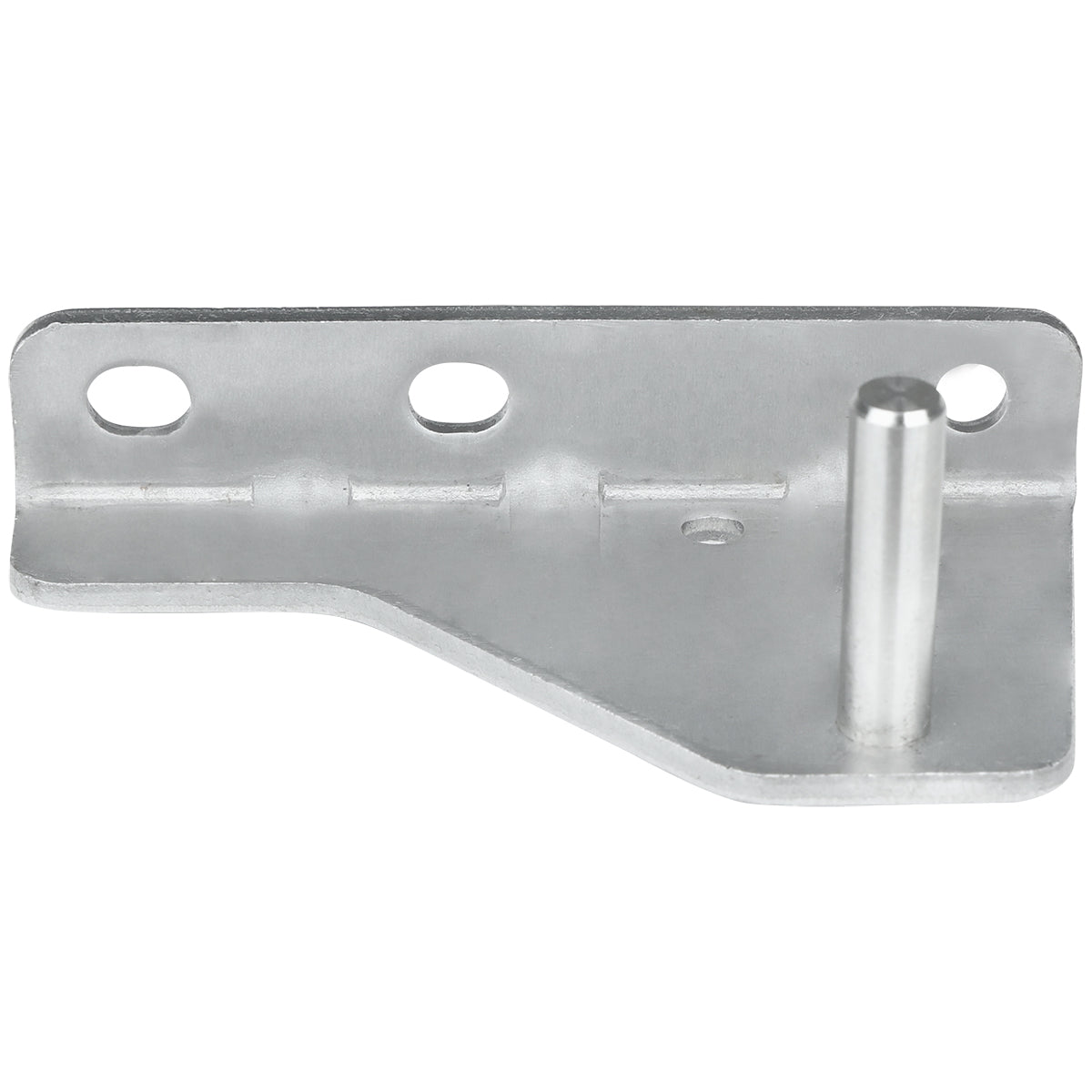This Empura Parts metal bracket serves as a door hinge bracket for Empura Refrigeration units. It features three circular mounting holes, a raised cylindrical pin, a flat base with an angled edge, and a smooth metallic finish.