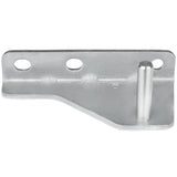 This Empura Parts metal bracket serves as a door hinge bracket for Empura Refrigeration units. It features three circular mounting holes, a raised cylindrical pin, a flat base with an angled edge, and a smooth metallic finish.