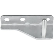 This Empura Parts metal bracket serves as a door hinge bracket for Empura Refrigeration units. It features three circular mounting holes, a raised cylindrical pin, a flat base with an angled edge, and a smooth metallic finish.