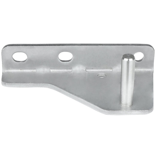 This Empura Parts metal bracket serves as a door hinge bracket for Empura Refrigeration units. It features three circular mounting holes, a raised cylindrical pin, a flat base with an angled edge, and a smooth metallic finish.
