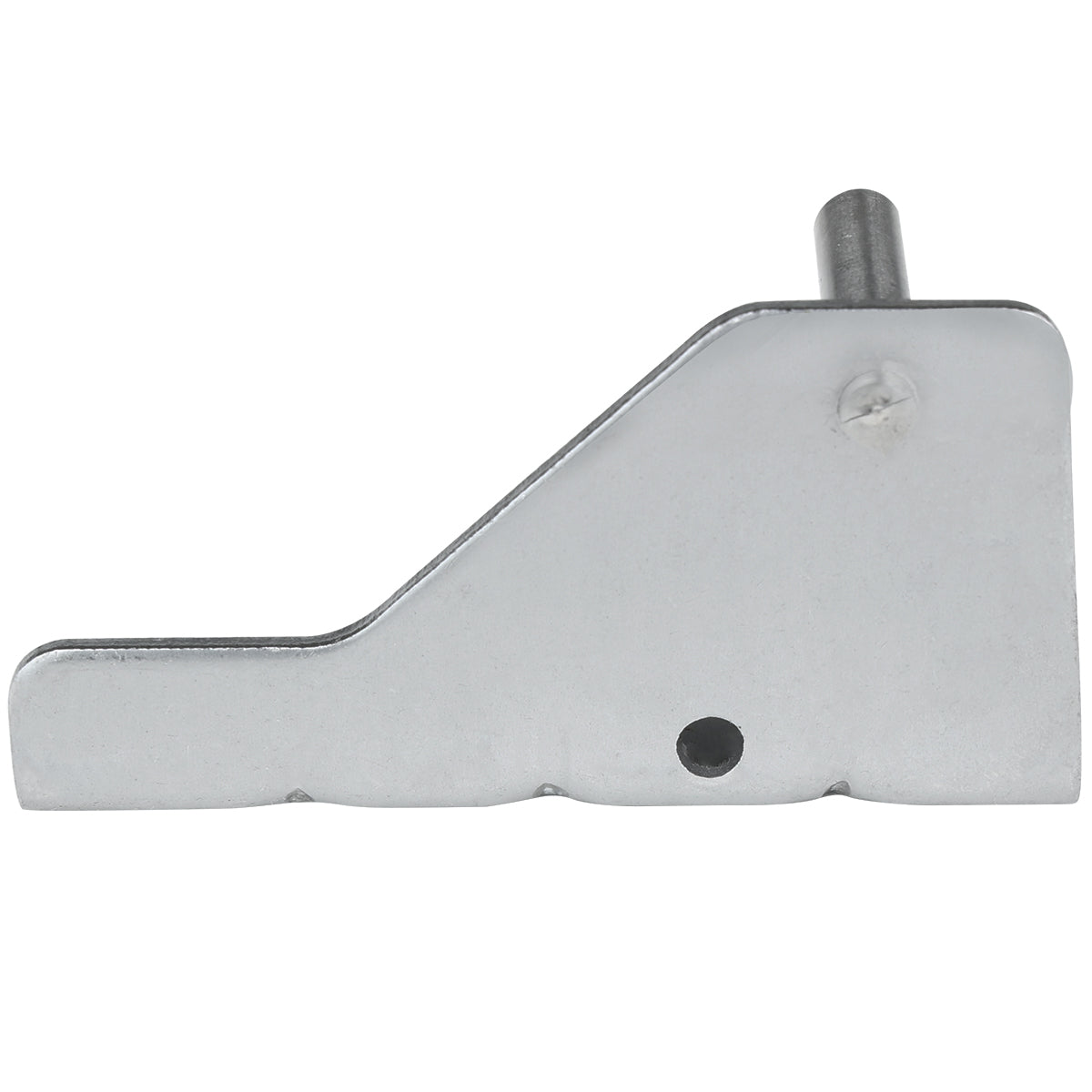 Metallic door hinge bracket with a flat base, sloped top edge, and cylindrical peg near the back. This Empura Refrigeration part features a smooth silver finish, small round hole on the bottom edge, and a visible weld mark.