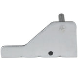 Metallic door hinge bracket with a flat base, sloped top edge, and cylindrical peg near the back. This Empura Refrigeration part features a smooth silver finish, small round hole on the bottom edge, and a visible weld mark.